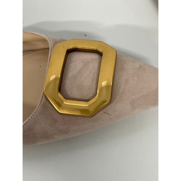 Ann Taylor Sz 9.5 Beige Suede Leather Gold Buckle Mule Low Heel Slip On Pumps - Picture 3 of 5